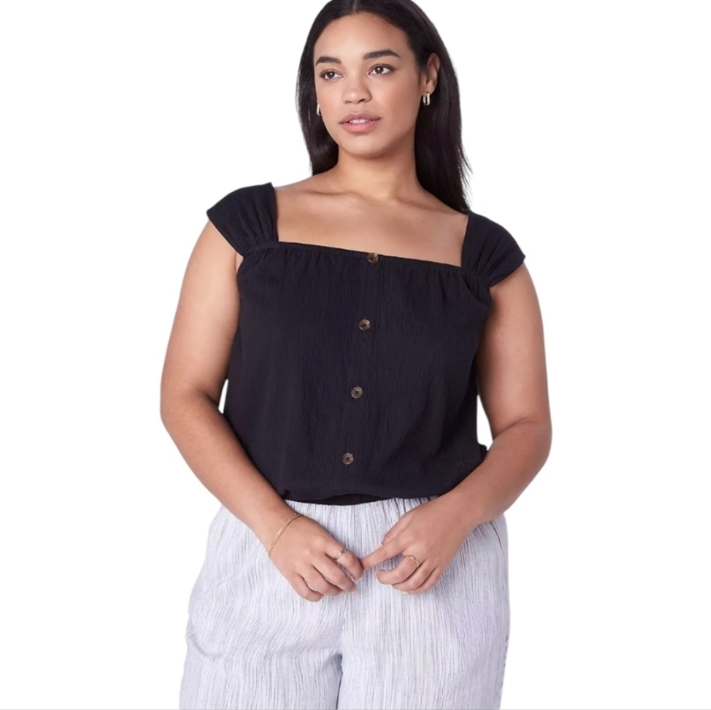 Lane‎ Bryant Womens Black Relaxed Crop Cap-Sleeve Square-Neck Top Size 22/24